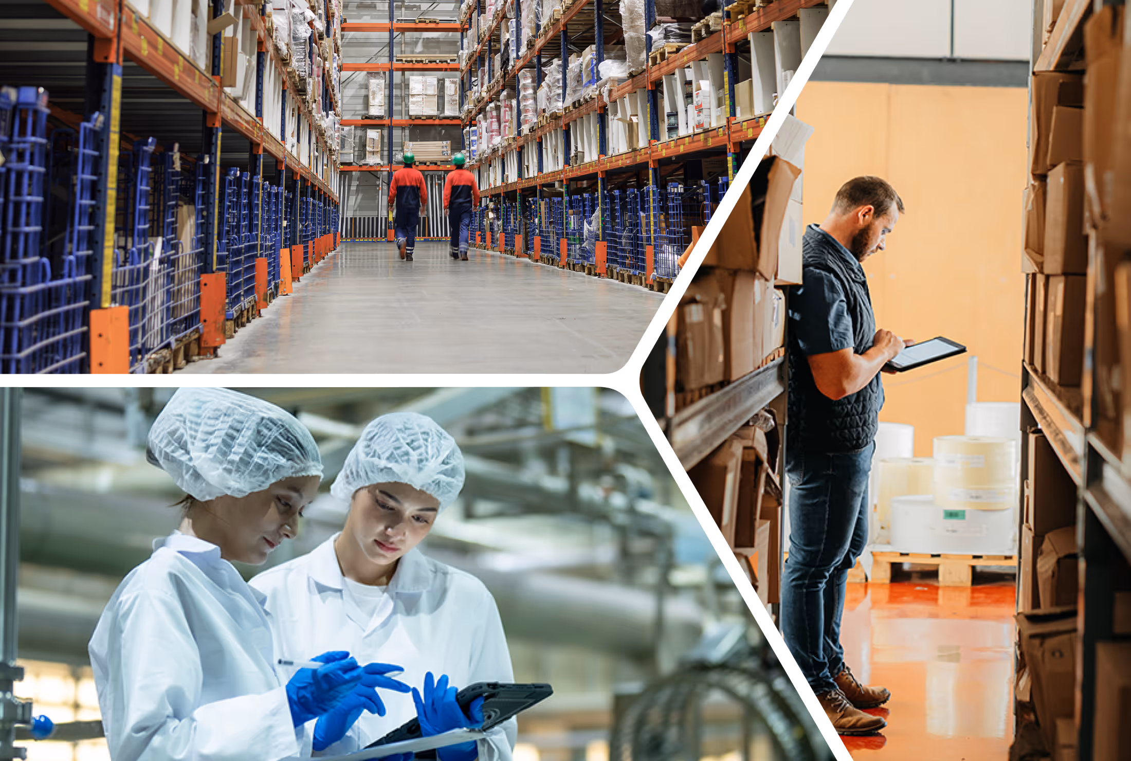 Collage of industrial scenes with workers: two workers walking in a large warehouse aisle, two lab technicians in white coats and hairnets reviewing information on a tablet, and a man checking inventory on a digital tablet in a storage area.