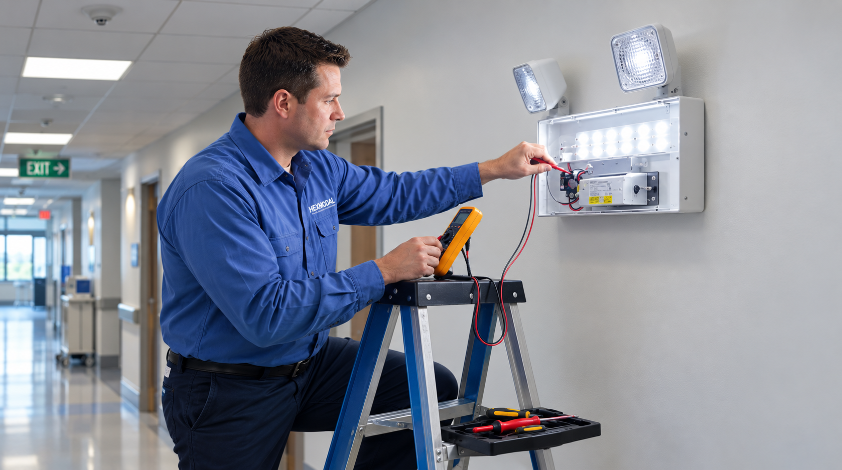 Technician performs a 30-second emergency lighting test.