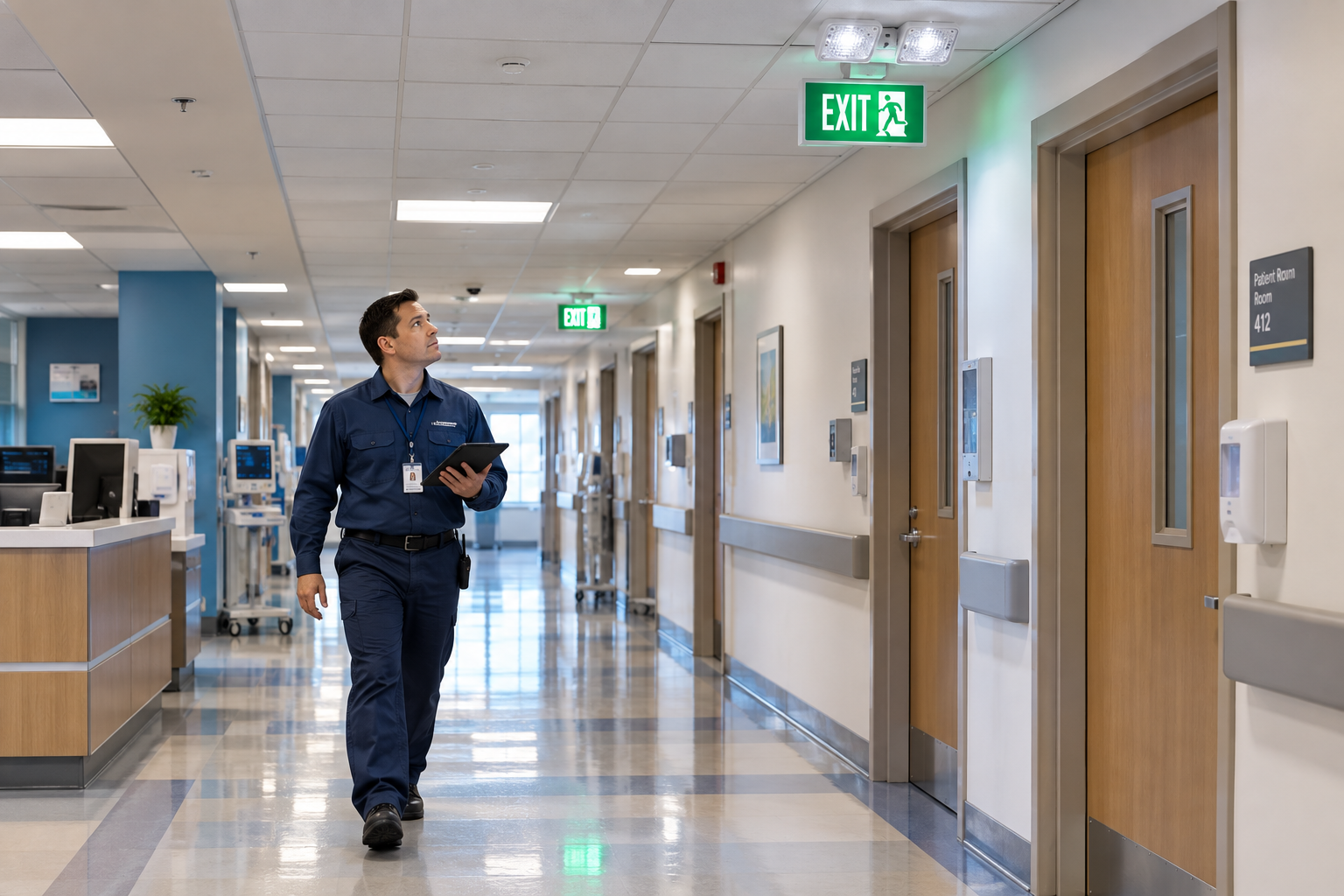 Technician checks emergency lighting during the 90-minute annual test.