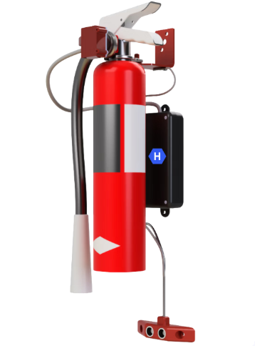 Electronic monitoring system attached to a portable fire extinguisher for remote status checks.