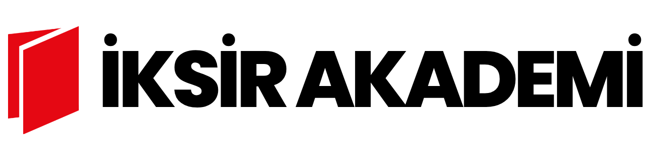 Red stylized open book icon with black bold text reading 'İksir' on white background.