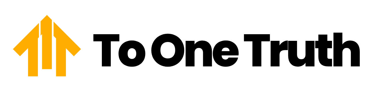 Logo with three orange arrows pointing upward beside text reading 'To One Truth'.