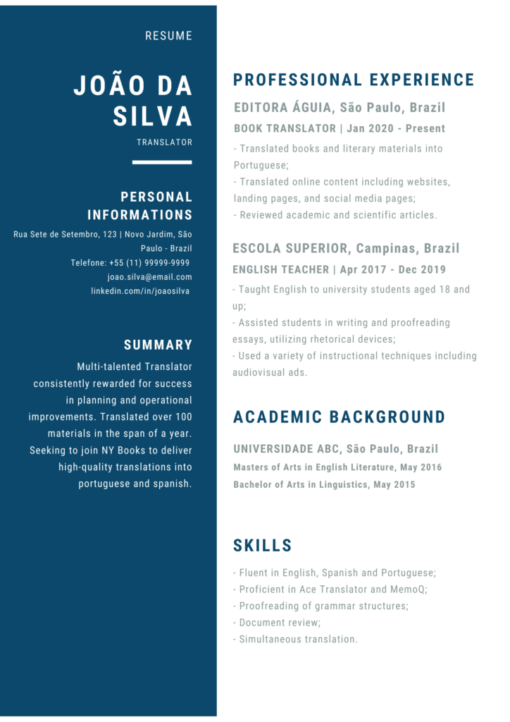 La imagen muestra una plantilla de CV en inglés con el personaje ficticio João da Silva, traductor y profesor de inglés.
