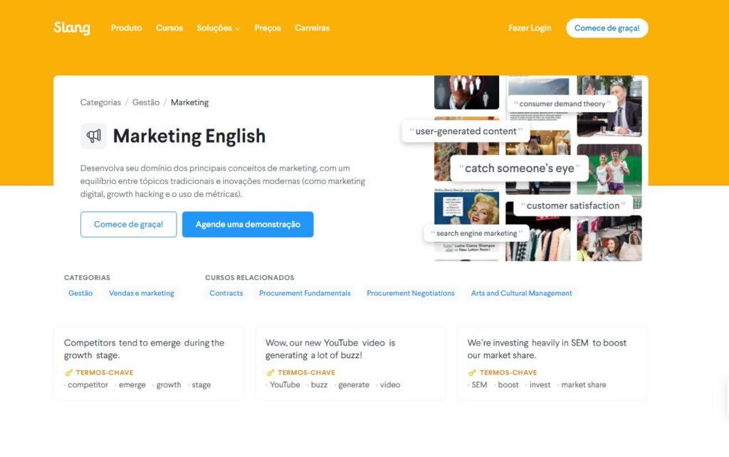 A imagem mostra um print da página do curso Marketing English da Slang.