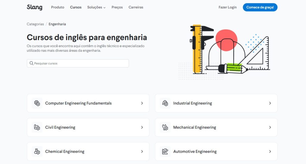Print da página de cursos de inglês para engenharia da Slang.