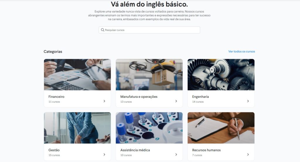 Print da página de cursos da Slang. É possível ver os cursos de “Financeiro”, “Manufatura e operações”, “Engenharia”, “Gestão”, “Assistência médica” e “Recursos humanos”.
