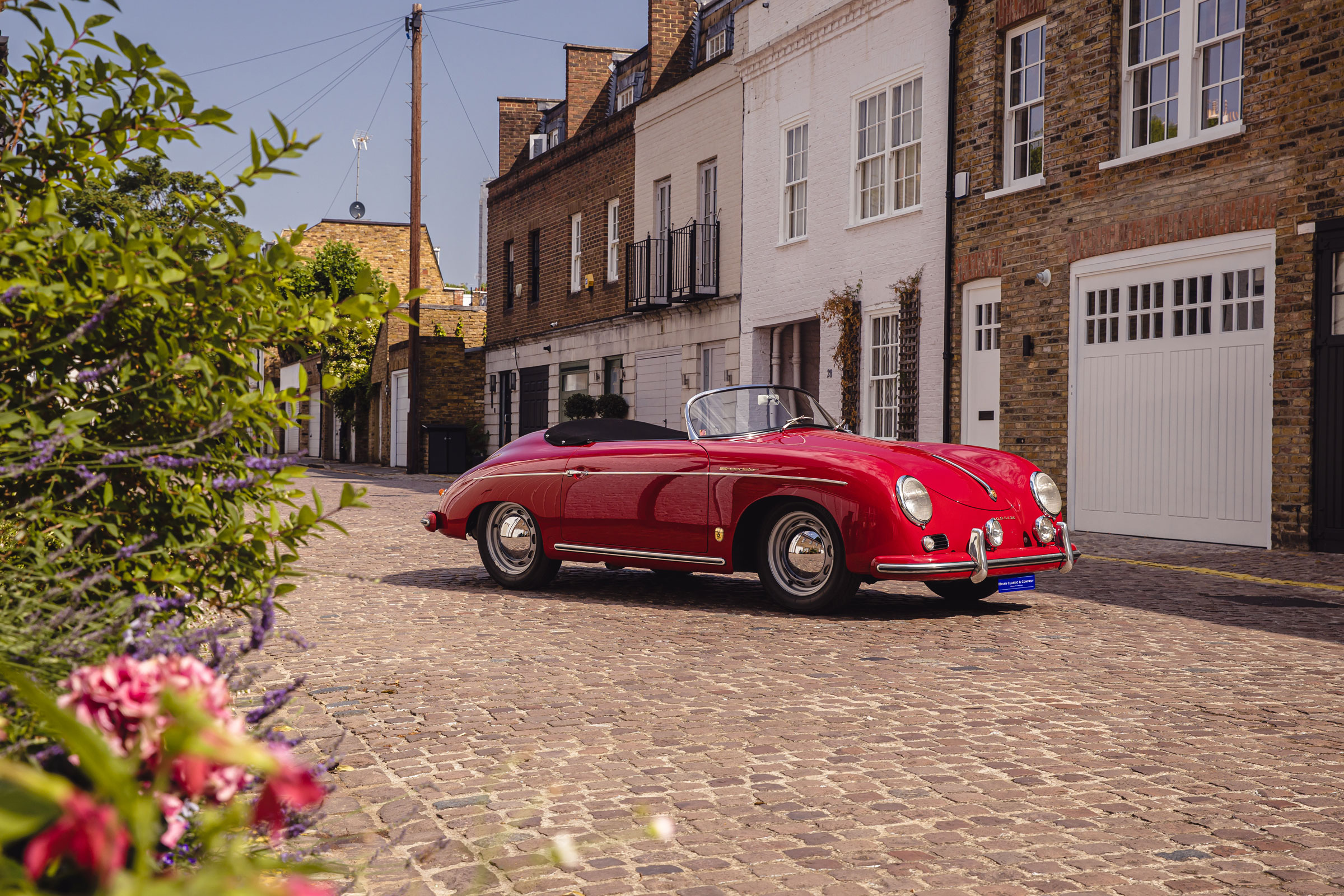 Porsche 356 Speedster in traditional London setting photographed for commerical marketing campaign