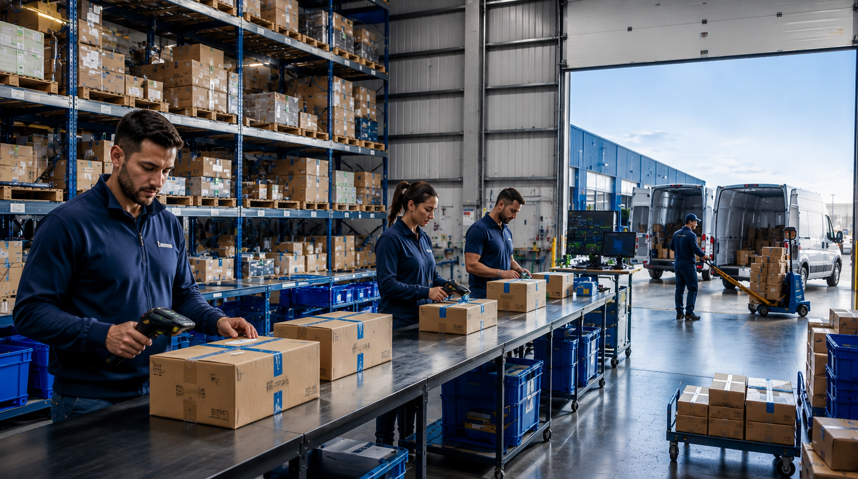 Trabajadores en un centro de fulfillment preparando pedidos de ecommerce en Chile, con estanterías organizadas y furgones de reparto al fondo