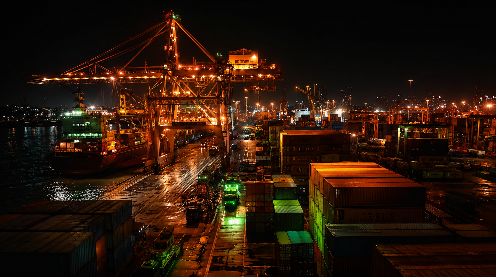 Grúas pórtico y contenedores en un puerto de noche, ilustrando el cambio de ETA en un embarque marítimo desde China a Chile.