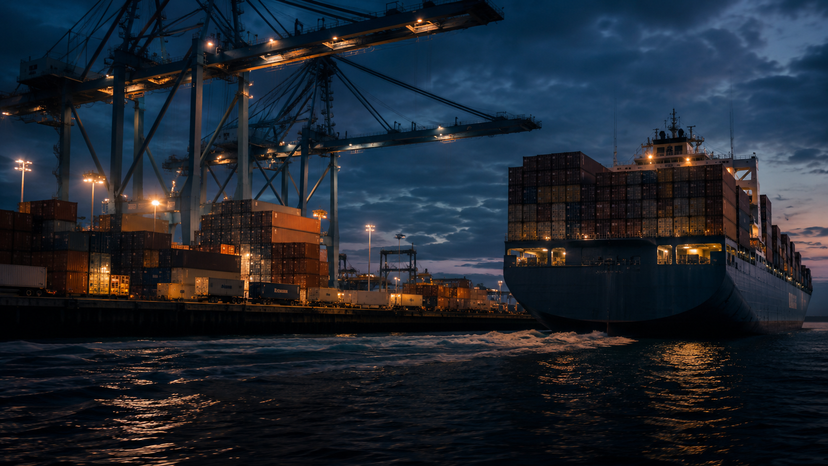 Buque portacontenedores saliendo de un terminal portuario al atardecer, rodeado de grúas y contenedores apilados.
