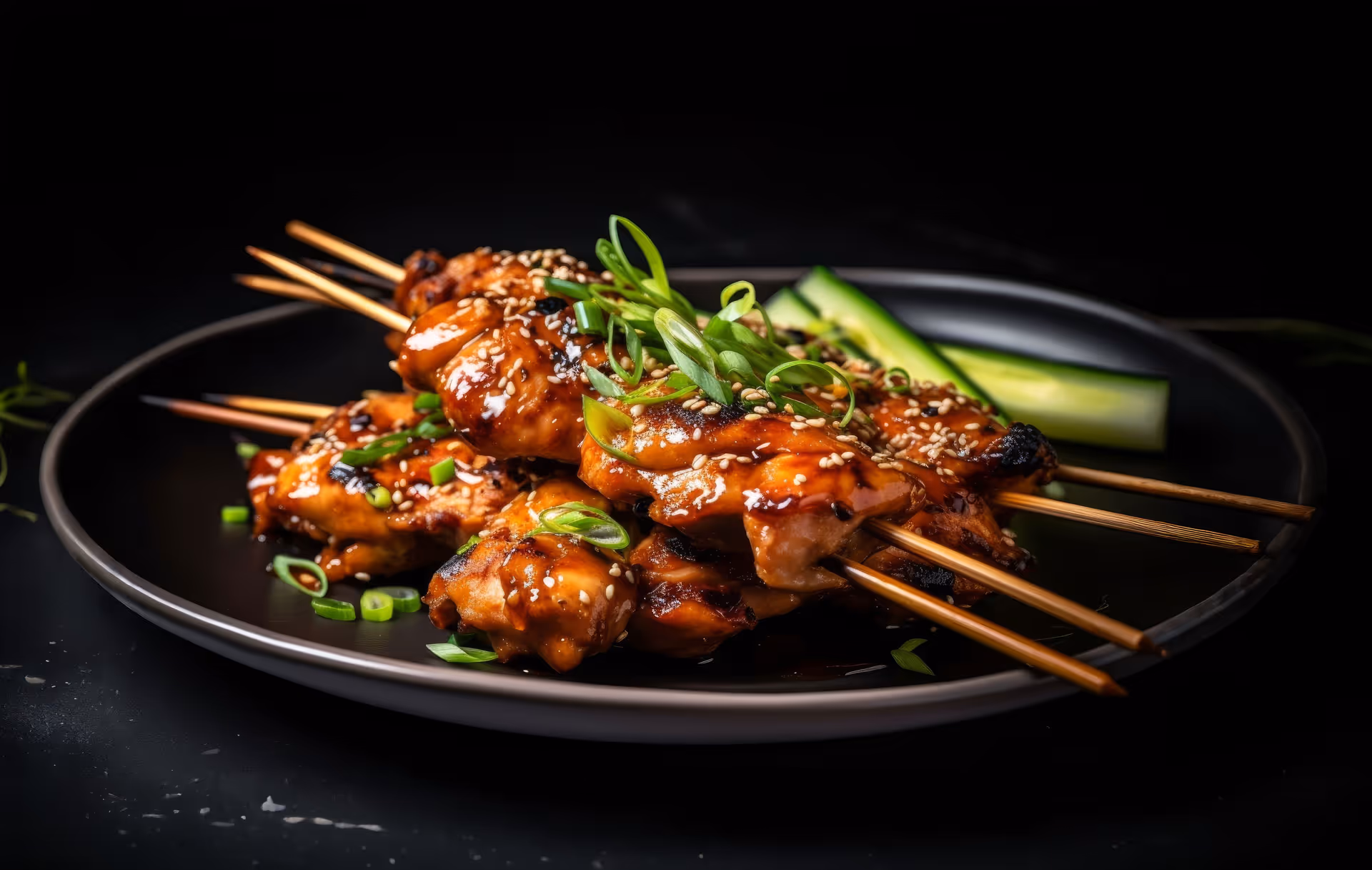Grilled chicken skewers glazed with sauce, topped with sesame seeds and green onions on a black plate.