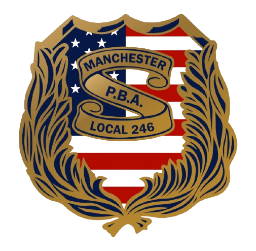 Badge-style emblem with American flag background and text Manchester P.B.A Local 246.
