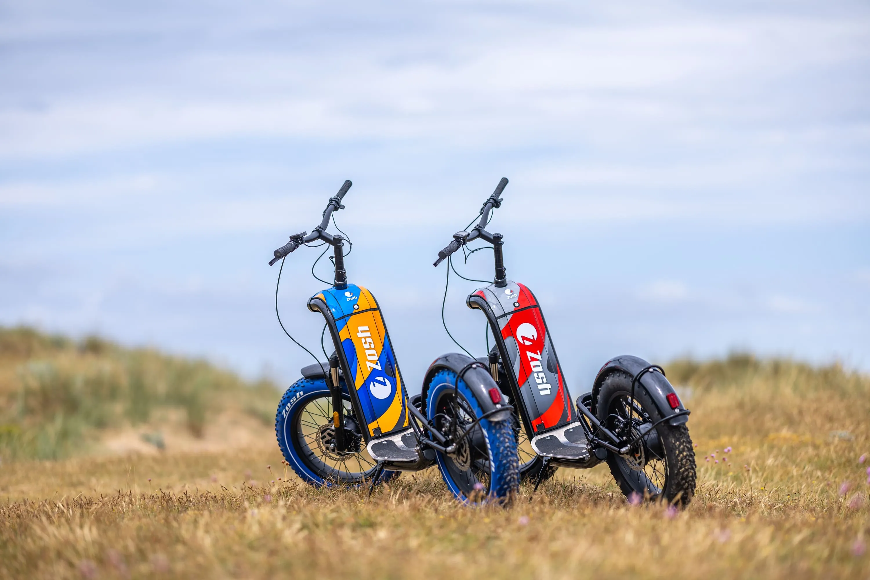 Deux trottinettes électriques Zosh, une bleue et une rouge, garées dans un champ sous un ciel clair.