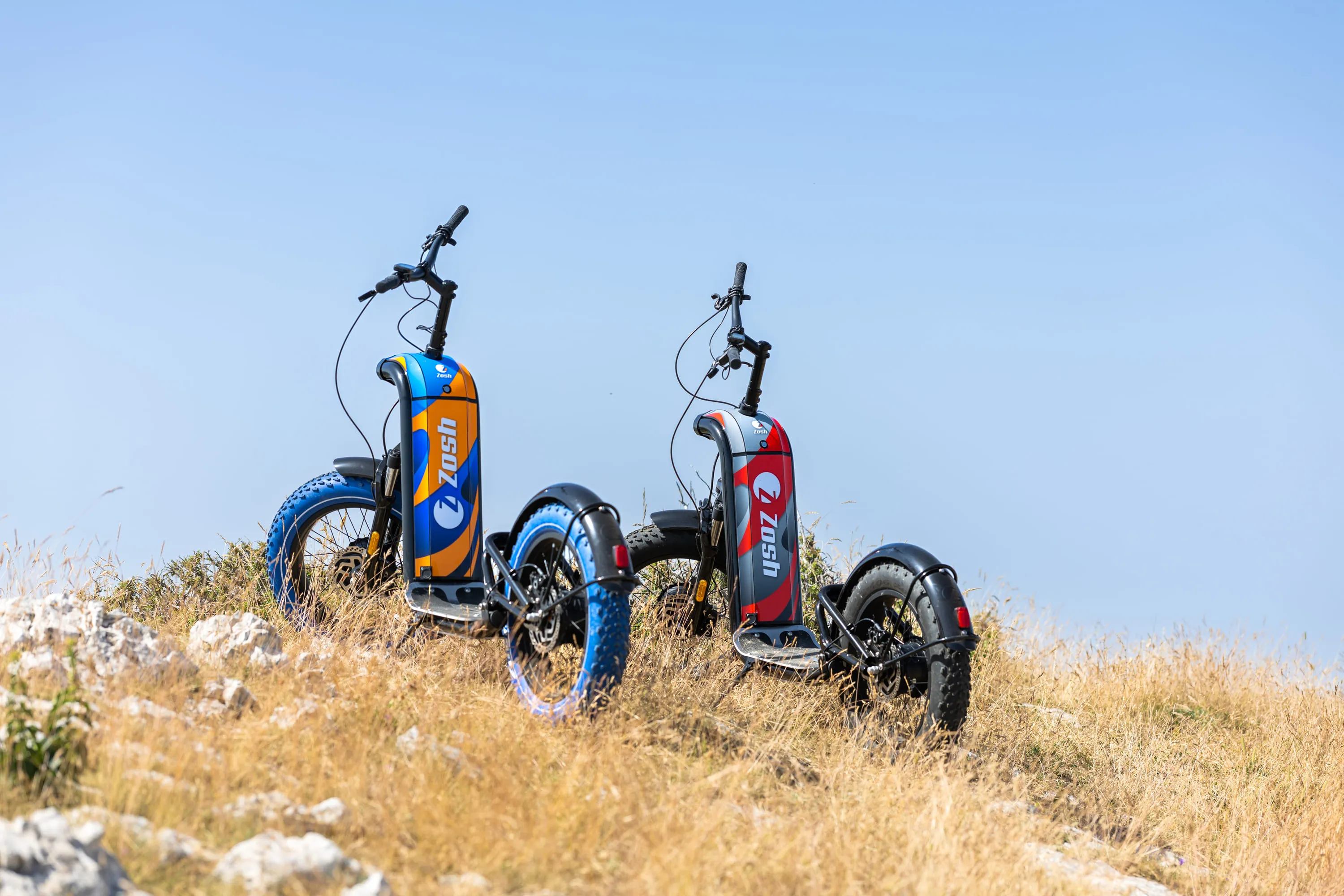 Two electric scooters with thick tires standing on grassy terrain under a clear blue sky.