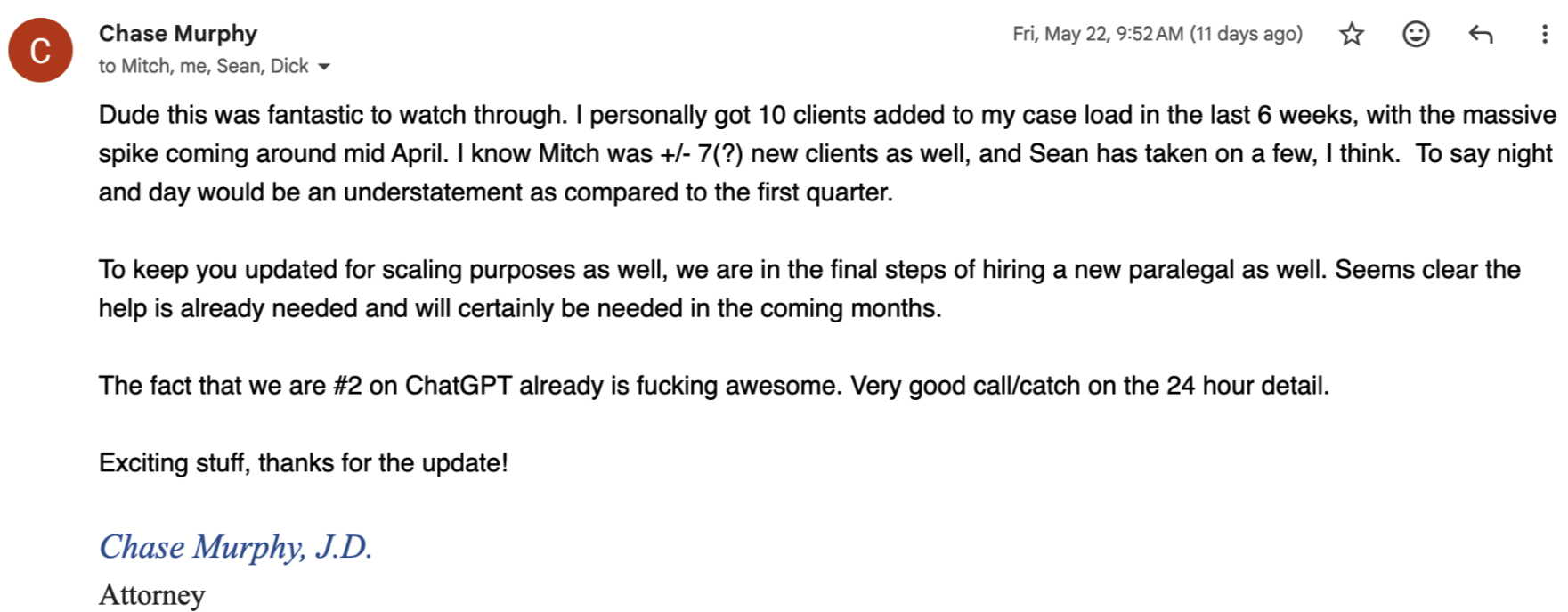 Client feedback screenshot