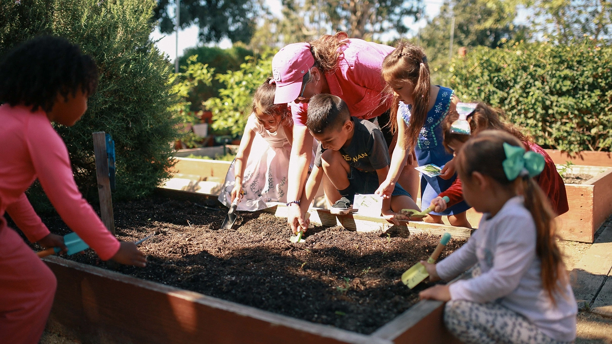 Children and adult planting seeds together in a raised garden bed outdoors on a sunny day.