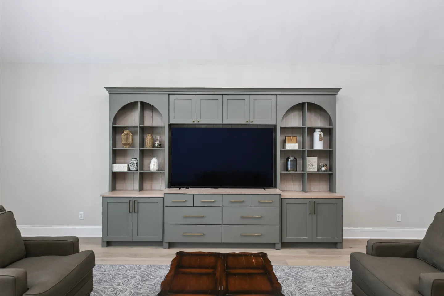 Loft remodel in Watkins Creek, TN. Sebring Design Build transformed this Watkins Creek loft in Franklin, Tennessee with River Rock and Champagne stain cabinetry, Duchateau The Guild Kayla 7.