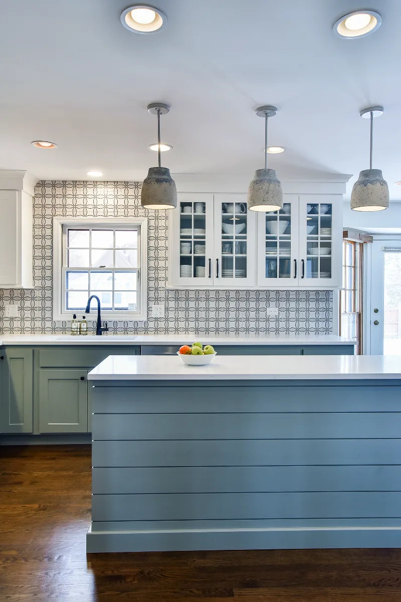 Kitchen remodel in Franklin, TN. Sebring Design Build transformed this Franklin, Tennessee kitchen with CWP Craftsman Recessed Square cabinetry in Puget Sound bases and island and Soft White uppers.