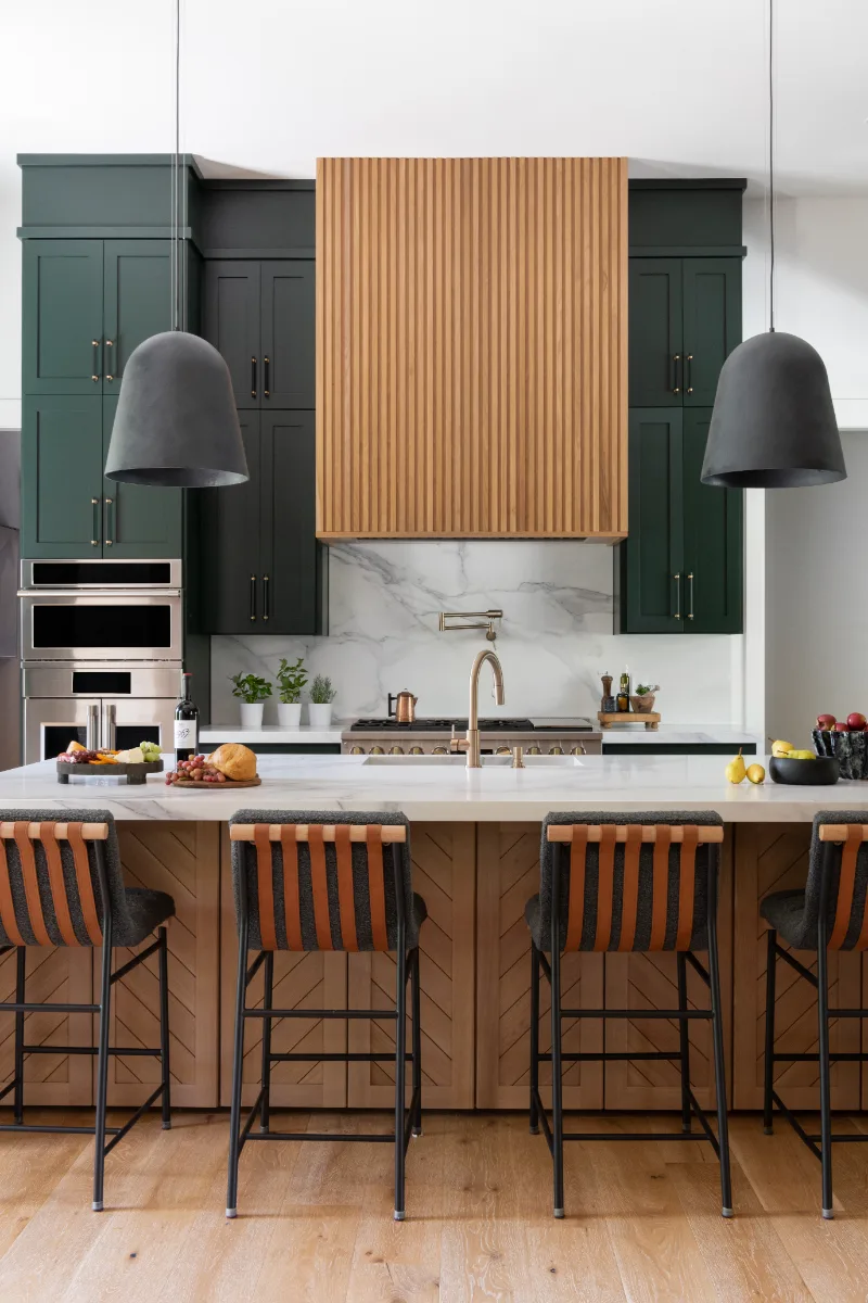 Kitchen remodel in Columbia, TN. Sebring Design Build transformed this Columbia, Tennessee kitchen with CWP Shaker Recessed cabinetry in Sherwin Williams Jasper, a White Oak Champagne Matte island and coffee bar.