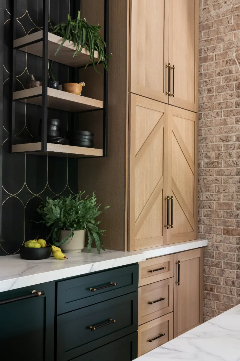 Kitchen remodel in Columbia, TN. Sebring Design Build transformed this Columbia, Tennessee kitchen with CWP Shaker Recessed cabinetry in Sherwin Williams Jasper, a White Oak Champagne Matte island and coffee bar.
