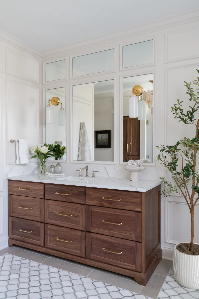 Primary Bath remodel in Willowsprings, TN. Sebring Design Build transformed this Willowsprings primary bath in Franklin, Tennessee with CWP Classic Square Recessed Solid Wood Panel Walnut Natural Marginal Overlay cabinetry.