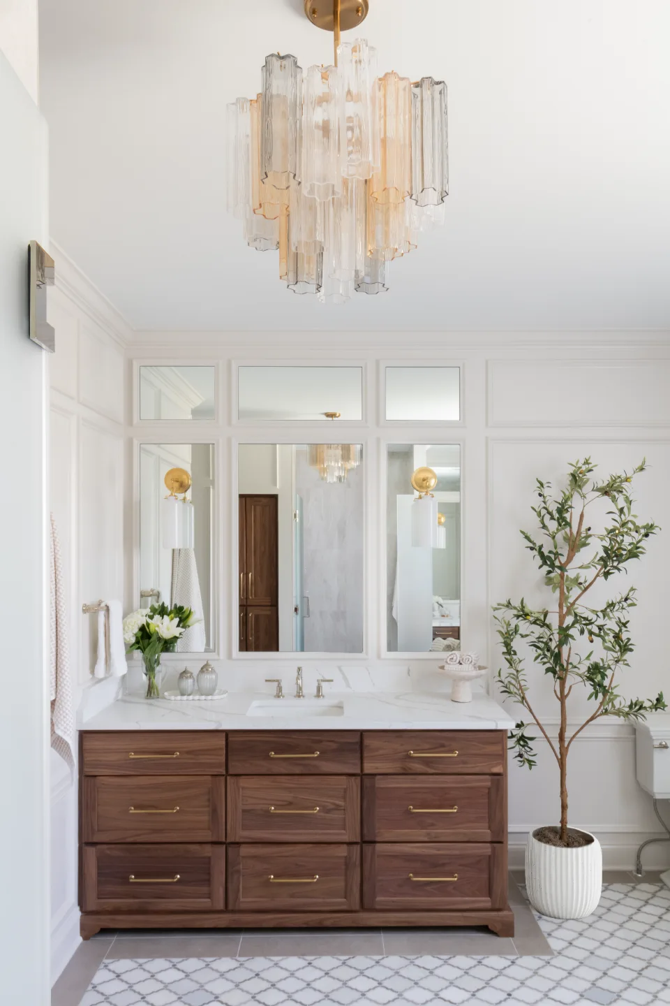 Primary Bath remodel in Willowsprings, TN. Sebring Design Build transformed this Willowsprings primary bath in Franklin, Tennessee with CWP Classic Square Recessed Solid Wood Panel Walnut Natural Marginal Overlay cabinetry.