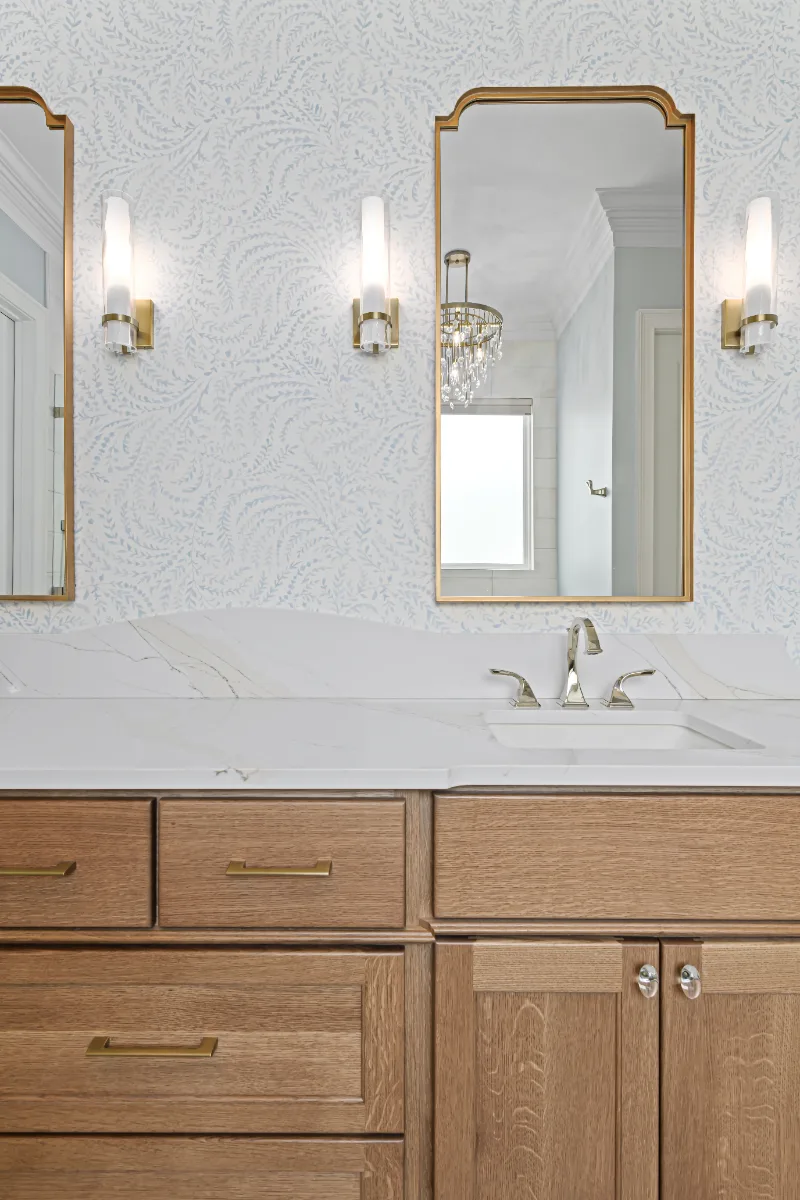 A modern-crisp-elegant primary bath in Westhaven, Franklin TN 37064. CWP Quartersawn White Oak Sage cabinetry, MetroQuartz Calacatta Gold, Brizo Virage Polished Nickel, MLW Sedona White walls, and Adex Habitat River Blue Glossy accent tile by.