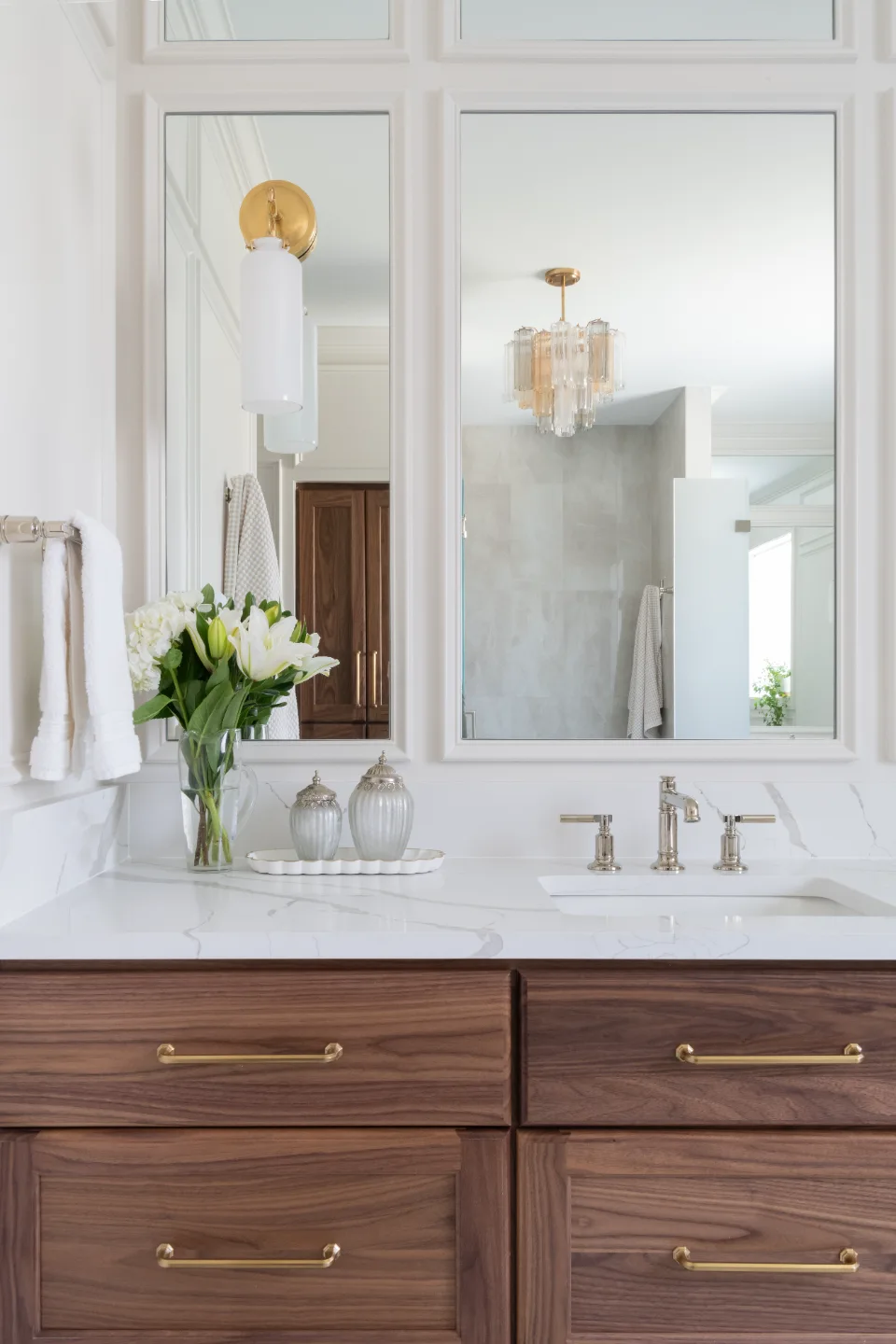 Primary Bath remodel in Willowsprings, TN. Sebring Design Build transformed this Willowsprings primary bath in Franklin, Tennessee with CWP Classic Square Recessed Solid Wood Panel Walnut Natural Marginal Overlay cabinetry.