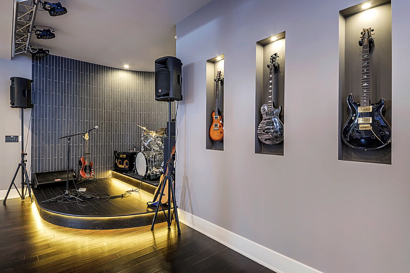 A modern-masculine basement stage in Brentwood, TN, part of a full basement remodel by Sebring Design Build. Specs pending photo verification.