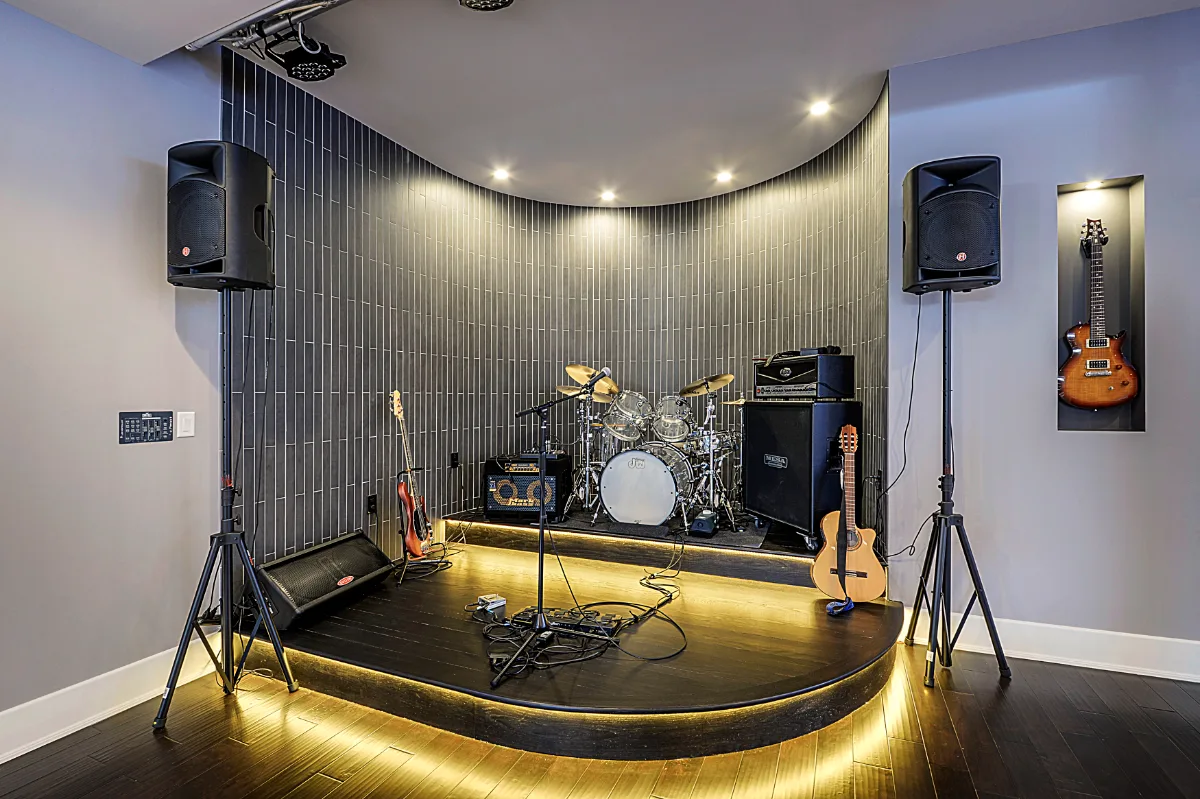A modern-masculine basement stage in Brentwood, TN, part of a full basement remodel by Sebring Design Build. Specs pending photo verification.