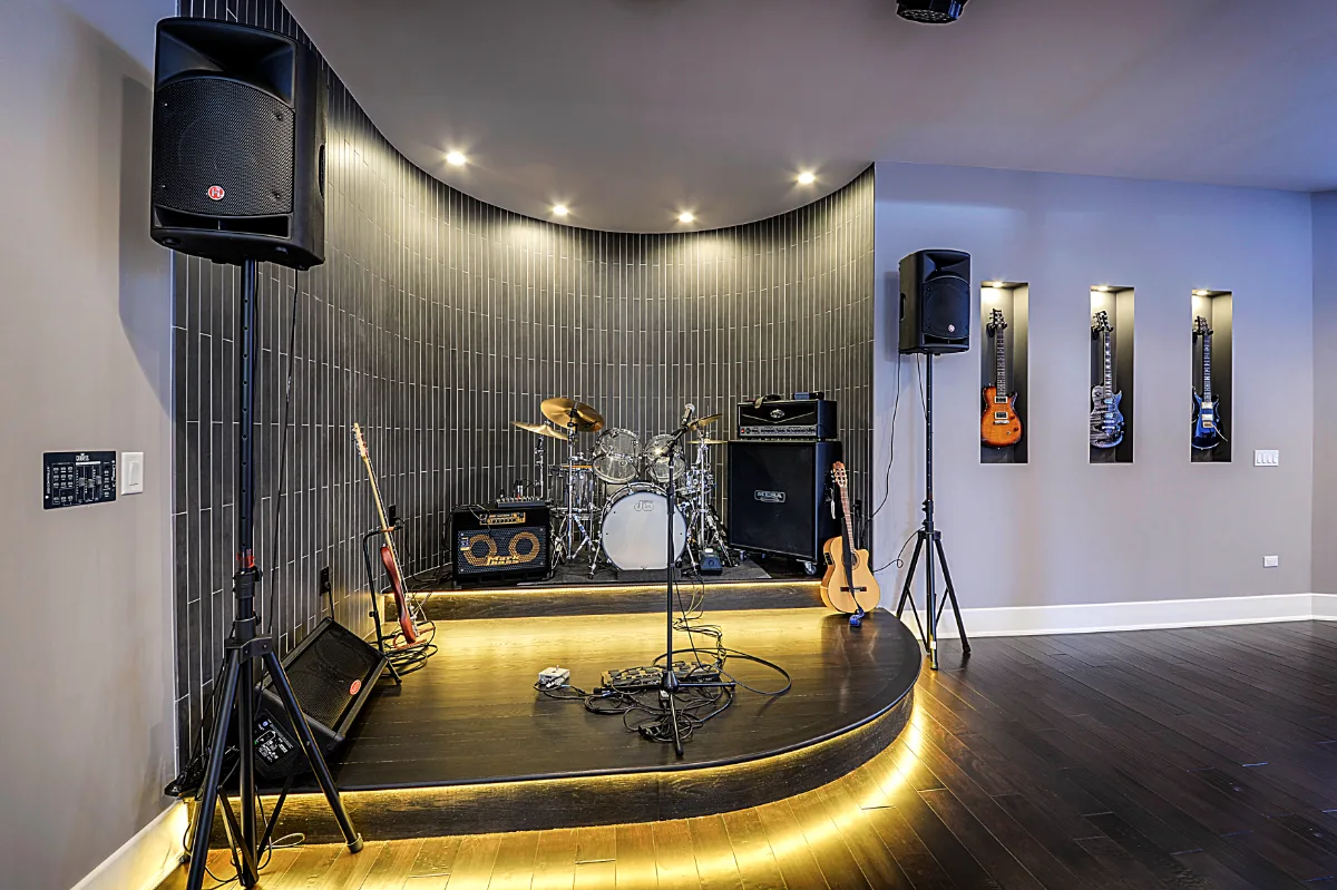 A modern-masculine basement stage in Brentwood, TN, part of a full basement remodel by Sebring Design Build. Specs pending photo verification.