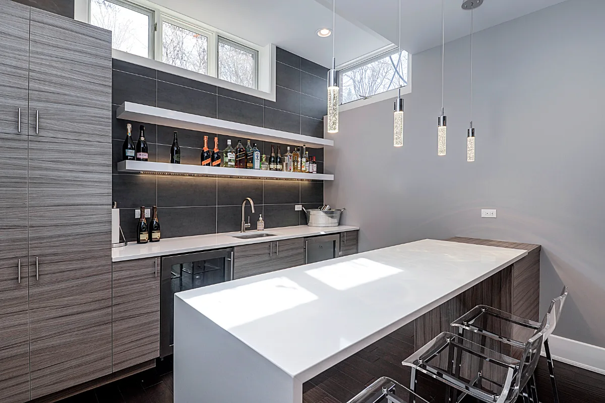 Bar remodel in Brentwood, TN. Sebring Design Build built this Brentwood, Tennessee basement bar as part of a modern-masculine basement remodel.