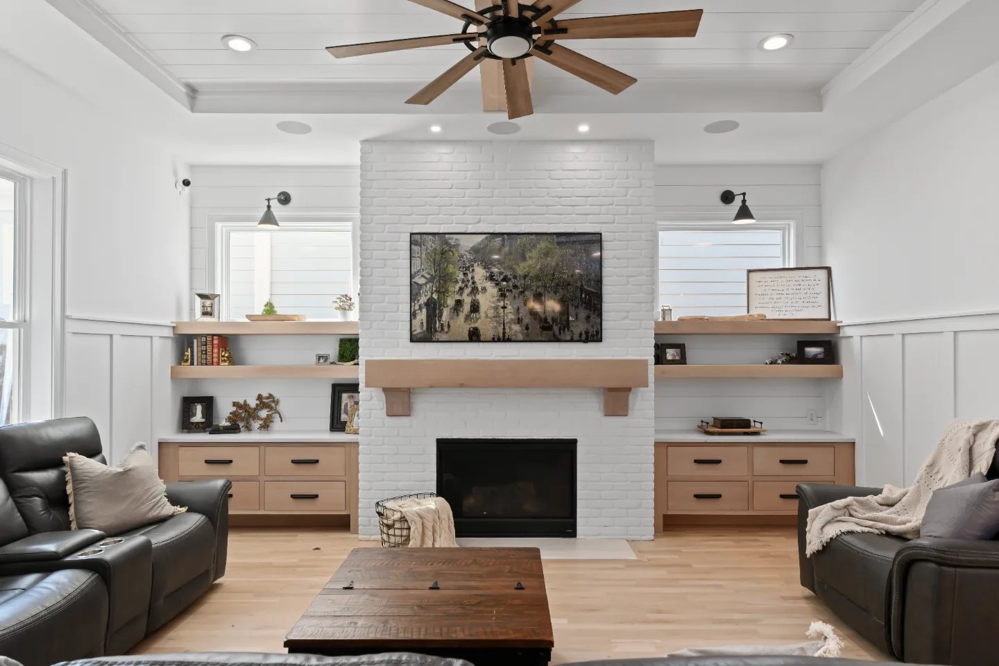 A modern-farmhouse living room in Westhaven, Franklin TN 37064, part of an eight-space whole home remodel by Sebring Design Build. Specs pending photo verification.