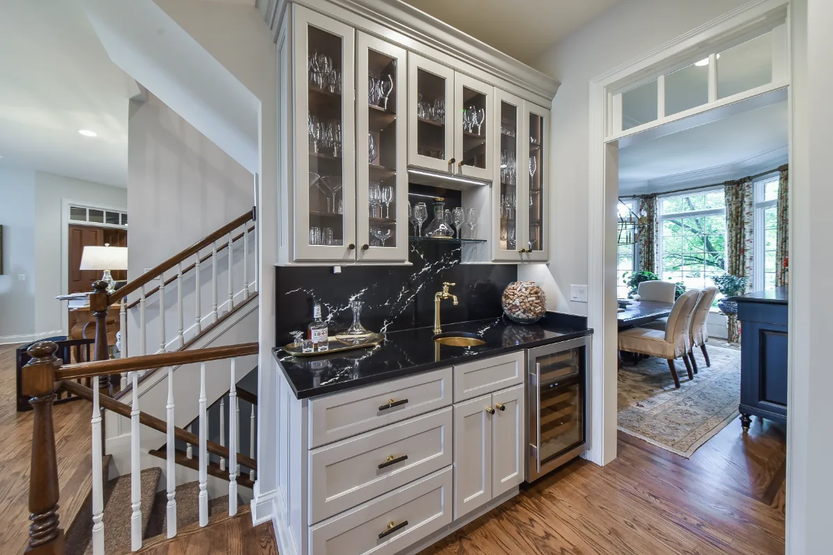 A transitional-elegant home bar in Brentwood, TN, part of a five-space whole-home remodel by Sebring Design Build. Specs pending photo verification.