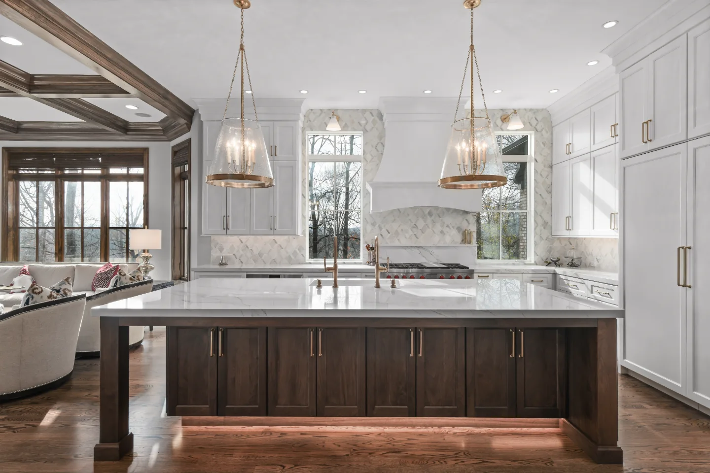 Kitchen remodel in Governors Club, Brentwood TN. Elegant, light palette with custom cabinetry and stone countertops by Sebring Design Build.