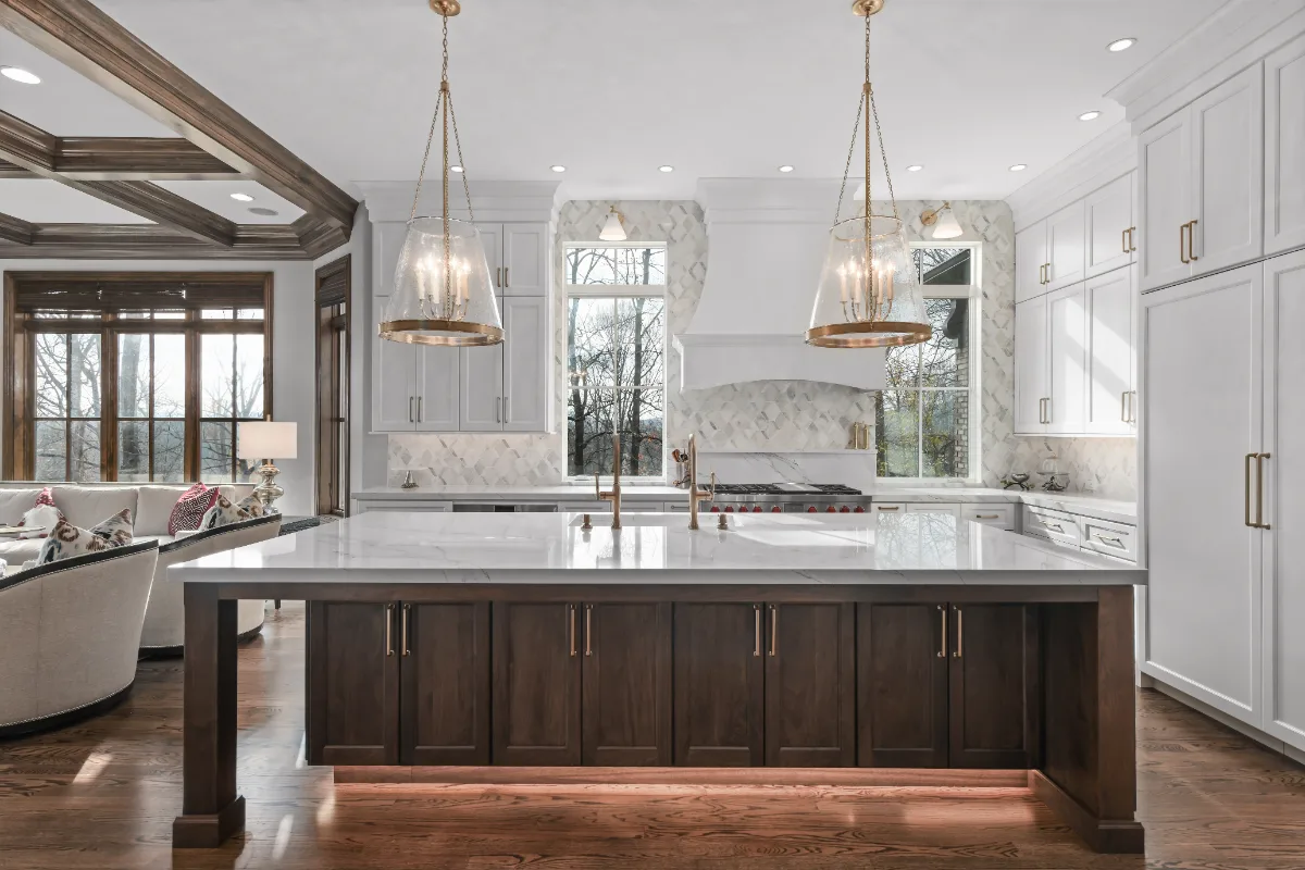Kitchen remodel in Governors Club, Brentwood TN. Elegant, light palette with custom cabinetry and stone countertops by Sebring Design Build.