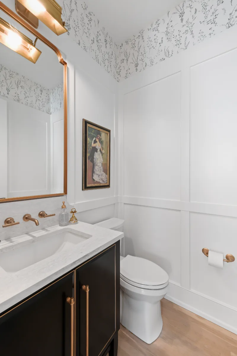 A modern-farmhouse whole home remodel in Westhaven, Franklin TN 37064. Eight spaces with CWP Bright White and White Oak cabinetry, Cambria Ironsbridge and Ella quartz, Kohler Artifacts and Purist Brass by Sebring Design Build.