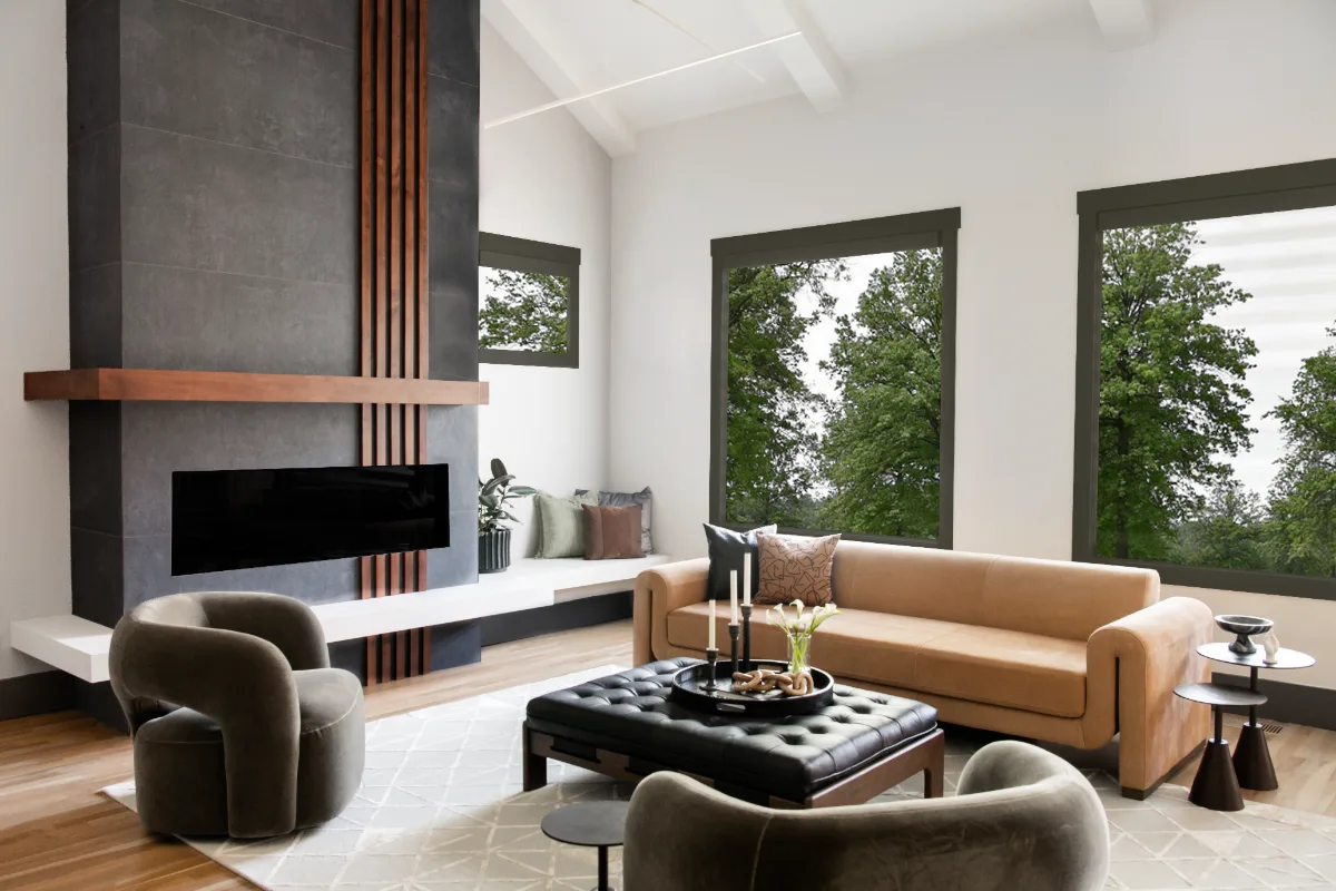 A contemporary-unique whole home remodel in Westhaven, Franklin TN 37064. Six spaces with Alder Nutmeg cabinetry, Mikado leathered quartz, Hansgrohe Matte Black fixtures, and bold fireplace tile by Sebring Design Build.