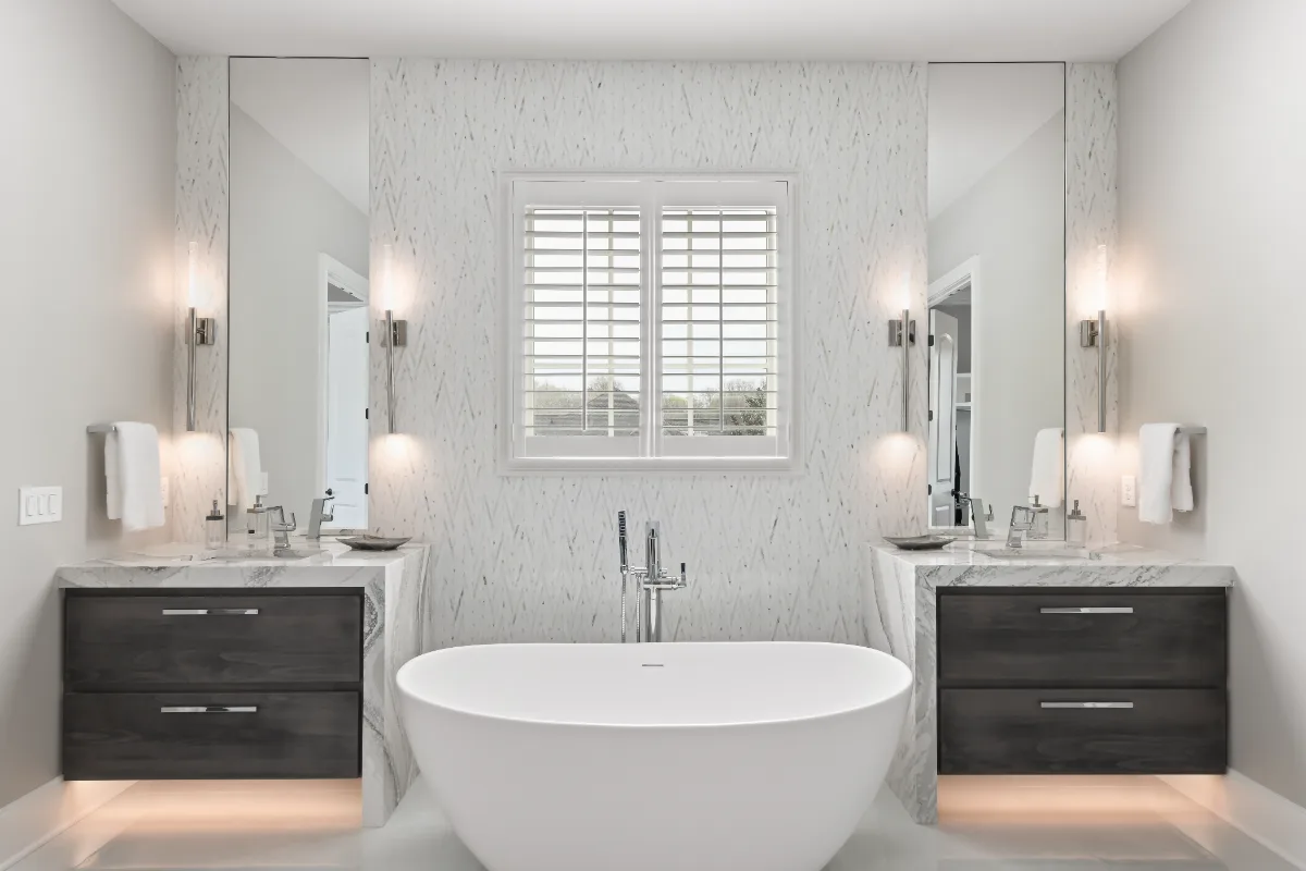 A primary bath and dining room remodel in Magnolia Vale, Brentwood TN. Modern luxury aesthetic with contemporary chic finishes by Sebring Design Build.