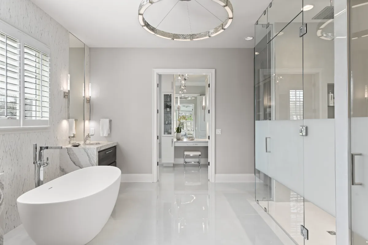 Primary bath remodel in Magnolia Vale, Brentwood TN. Modern luxury aesthetic with contemporary chic finishes by Sebring Design Build.