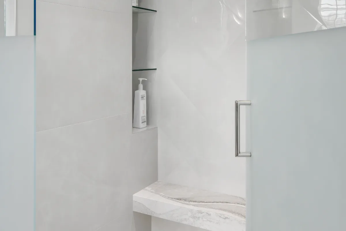 Primary bath remodel in Magnolia Vale, Brentwood TN. Modern luxury aesthetic with contemporary chic finishes by Sebring Design Build.