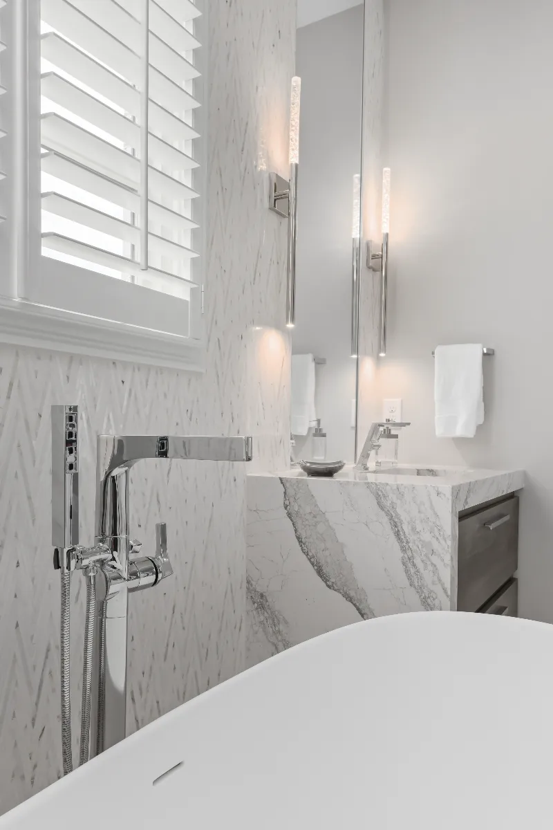 Primary bath remodel in Magnolia Vale, Brentwood TN. Modern luxury aesthetic with contemporary chic finishes by Sebring Design Build.