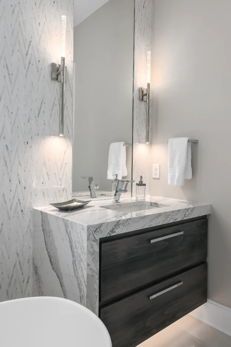 Primary bath remodel in Magnolia Vale, Brentwood TN. Modern luxury aesthetic with contemporary chic finishes by Sebring Design Build.