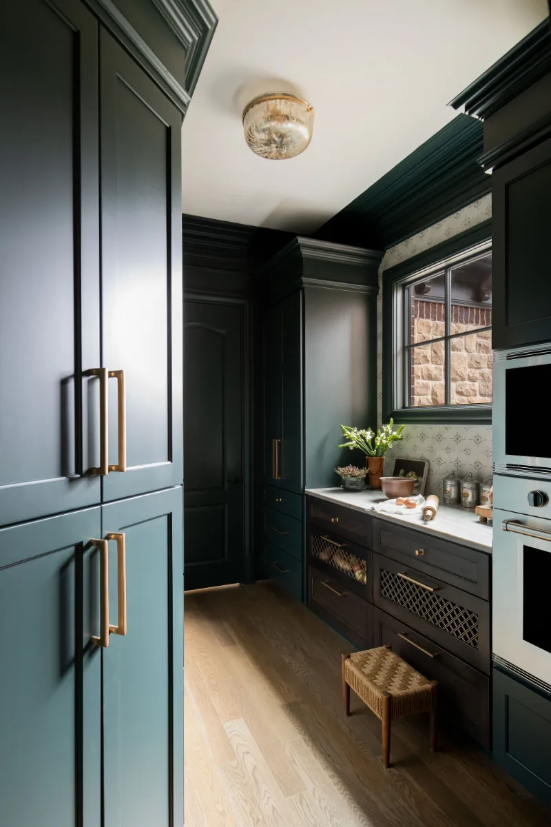 Butler pantry remodel in McGavock Farms, Brentwood. Maison Blanche cabinetry, antique mirror backsplash, and patterned Chili Pepper Papillon tile by Sebring Design Build.