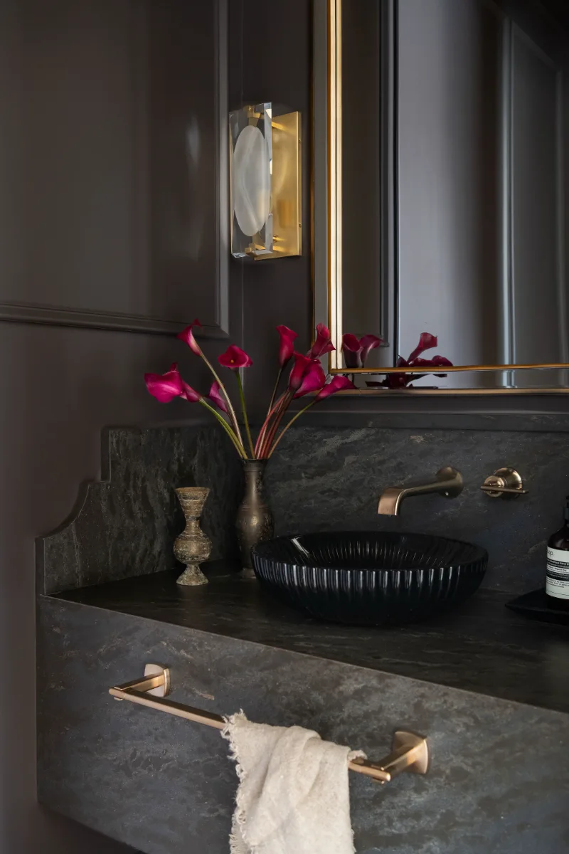 Powder Room remodel in Franklin, TN. Sebring Design Build transformed this McGavock Farms powder room into a dramatic, high-impact design statement.