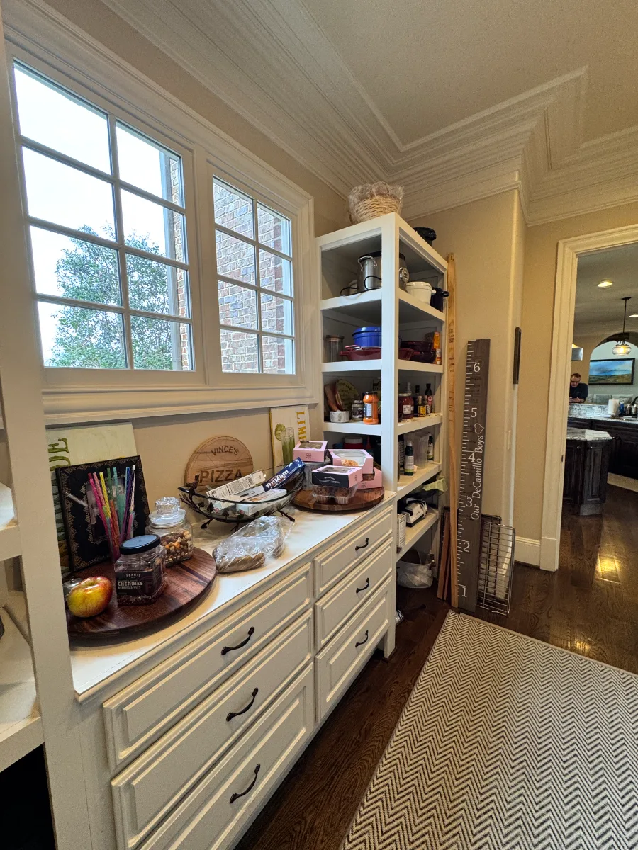 Butler pantry remodel in McGavock Farms, Brentwood. Maison Blanche cabinetry, antique mirror backsplash, and patterned Chili Pepper Papillon tile by Sebring Design Build.
