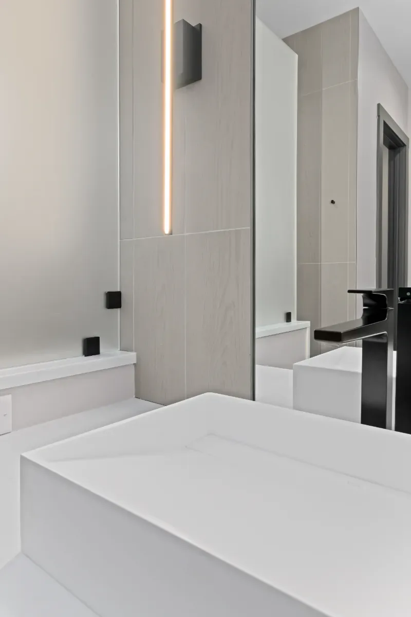 Primary Bath remodel in Westhaven, TN. Sebring Design Build transformed this Westhaven primary bath in Franklin, Tennessee with CWP Notable Slab Marion Gray cabinetry, polished quartz countertops.
