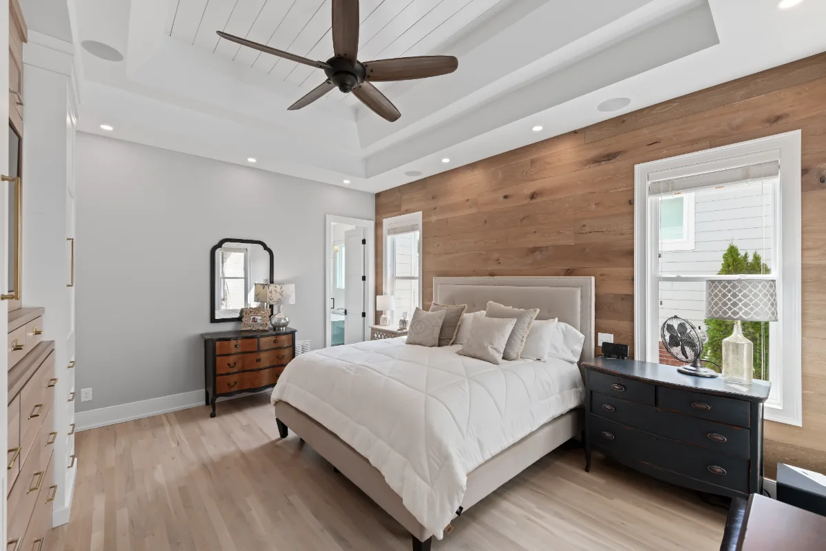 Primary Bedroom remodel in Westhaven, TN. Sebring Design Build transformed this Westhaven primary bedroom in Franklin, Tennessee as part of a modern-farmhouse whole home remodel.