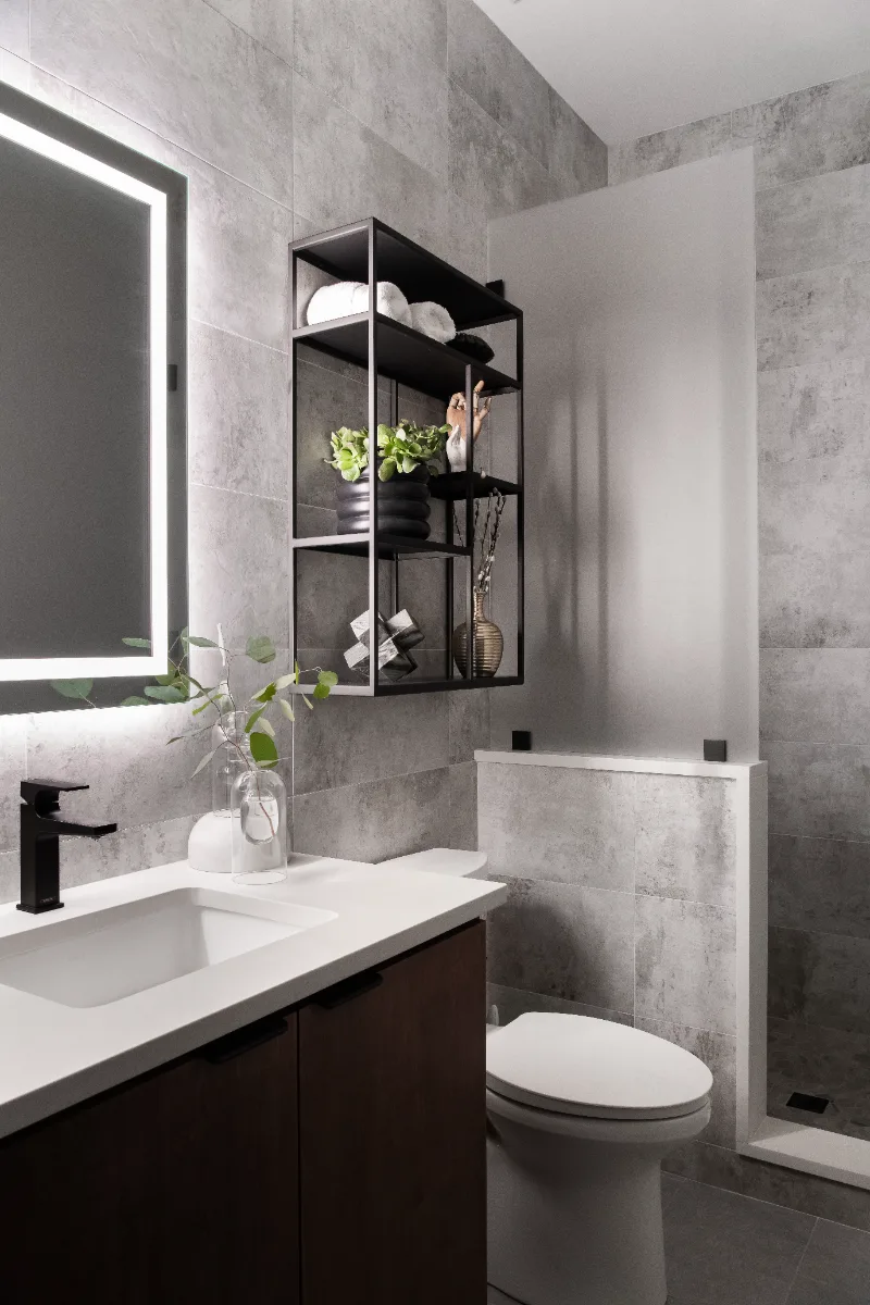 Guest Bath remodel in Franklin, TN. Sebring Design Build designed this Westhaven guest bath in Franklin, Tennessee with Alder Nutmeg cabinetry, Mikado Siberia White Leathered quartz, Hansgrohe Matte Black fixtures throughout.