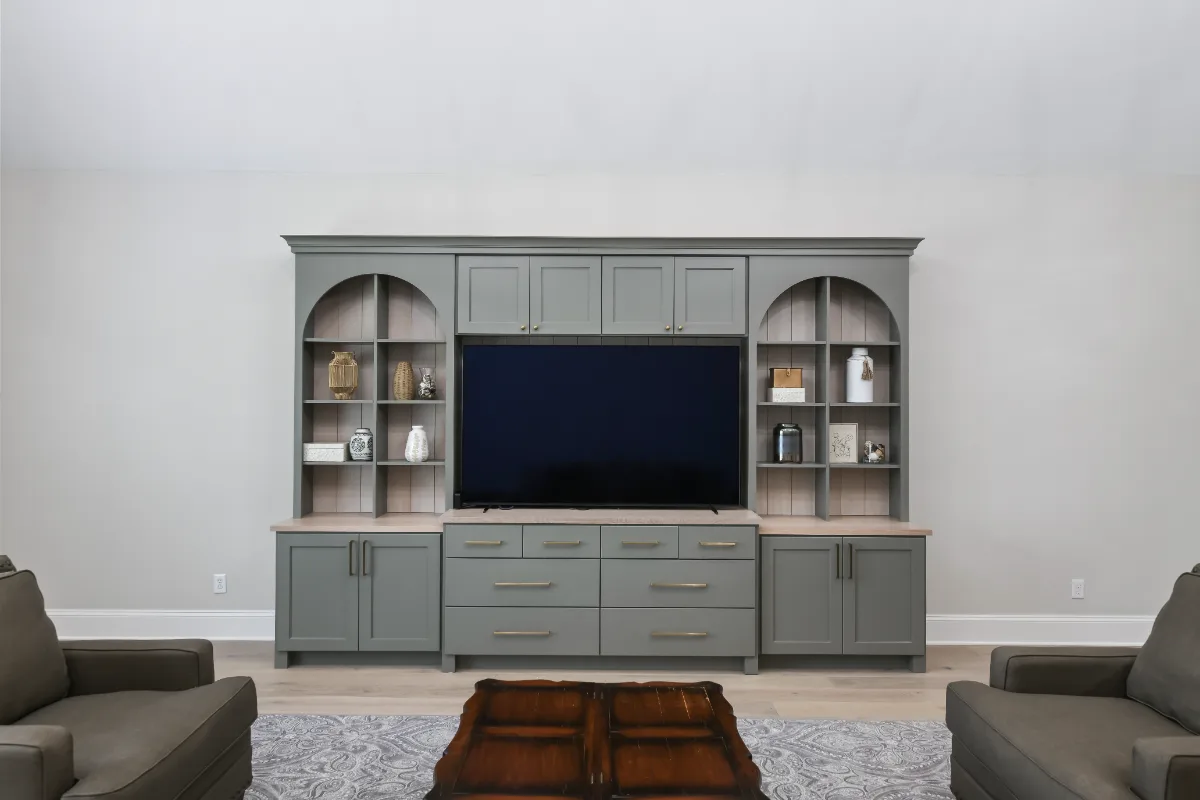 Loft remodel in Watkins Creek, TN. Sebring Design Build transformed this Watkins Creek loft in Franklin, Tennessee with River Rock and Champagne stain cabinetry, Duchateau The Guild Kayla 7.